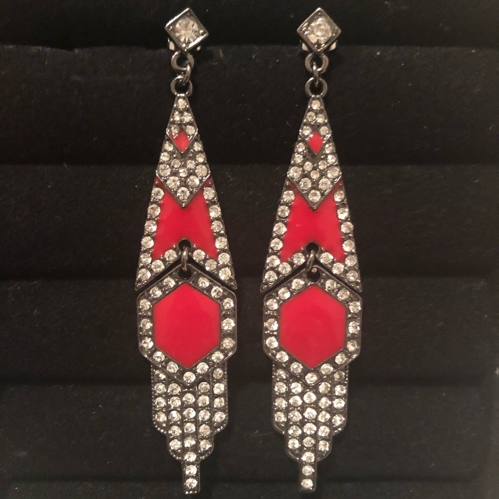 Rhinestone & Red Enamel Drop Earrings
